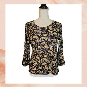 Navy Yellow Floral Ruffle 3/4 Sleeve Blouse